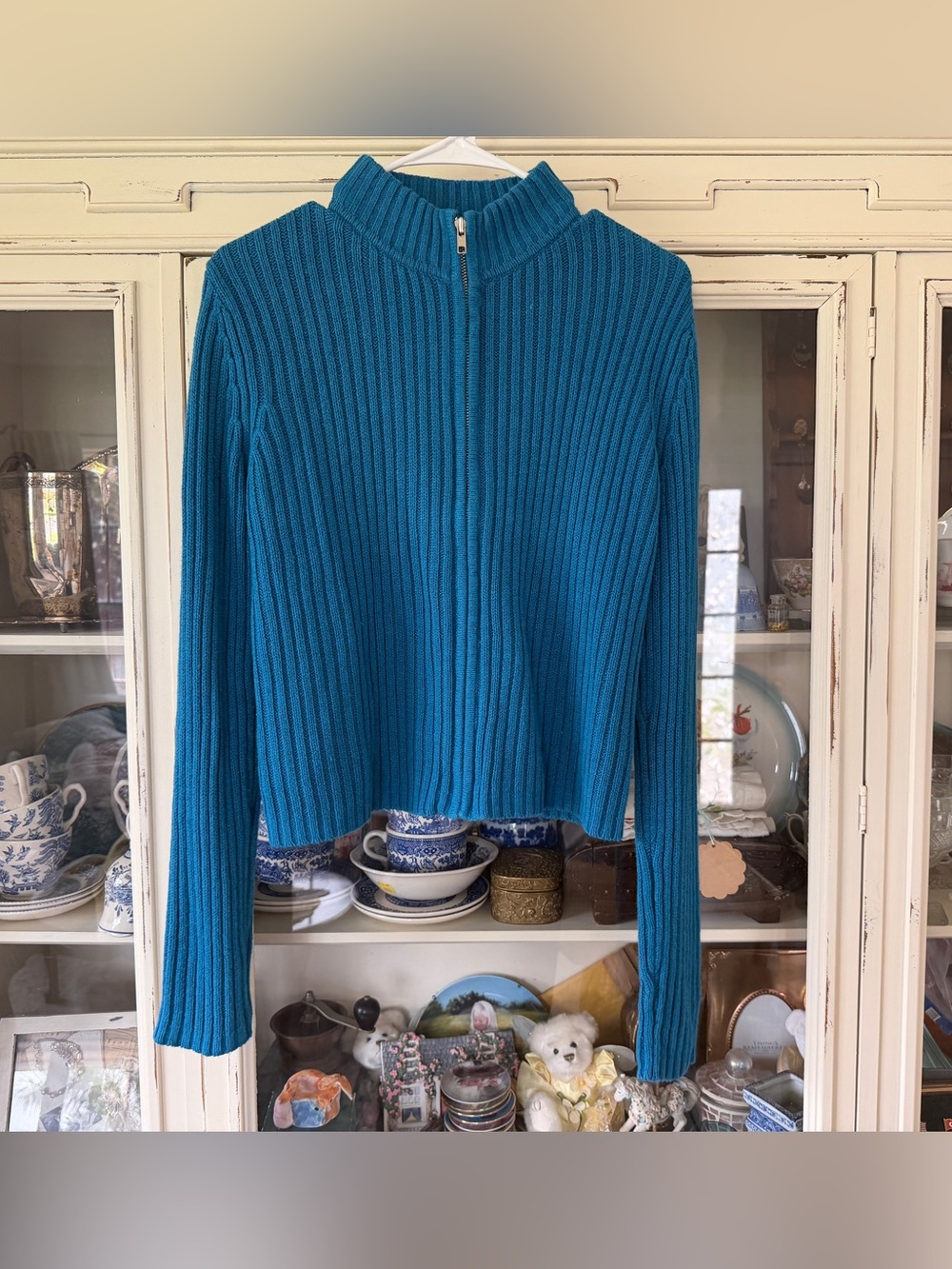 Moda International Teal Ribbed Zip-Front Crop Sweater
